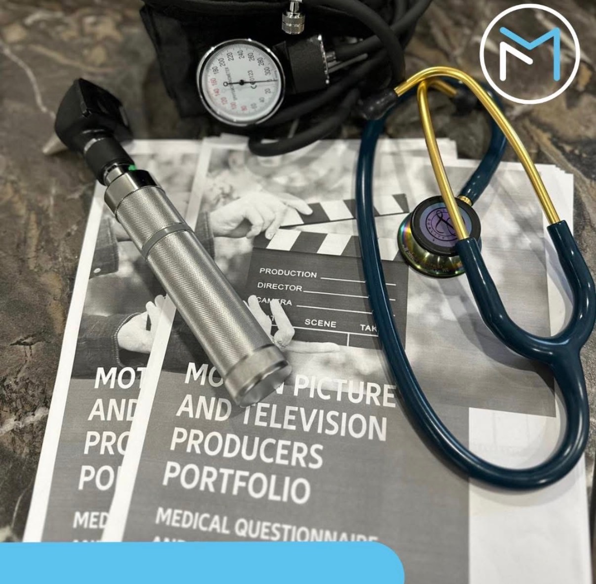 Cast insurance medical paperwork with clinical equipment